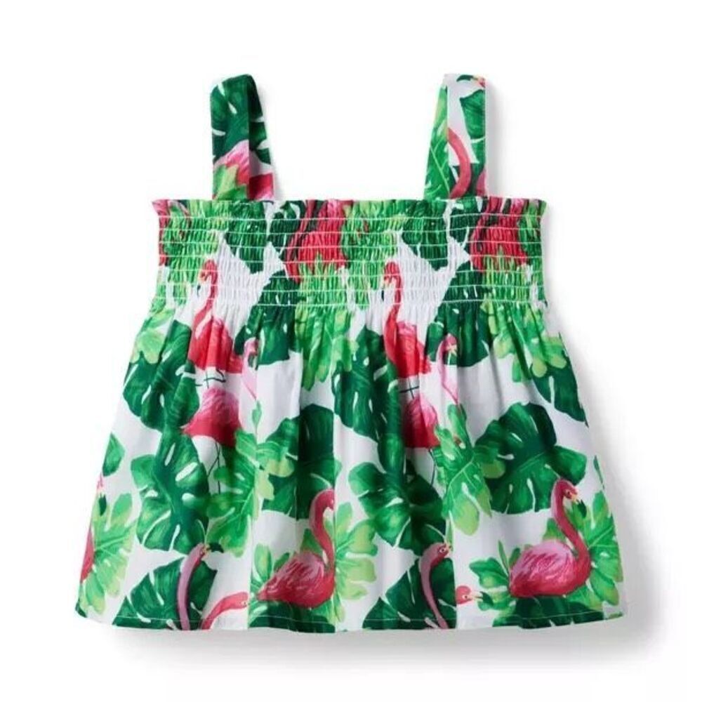 Janie and Jack Girls Tropical Flamingo Smocked Sleeveless Top Size 7 100% Cotton